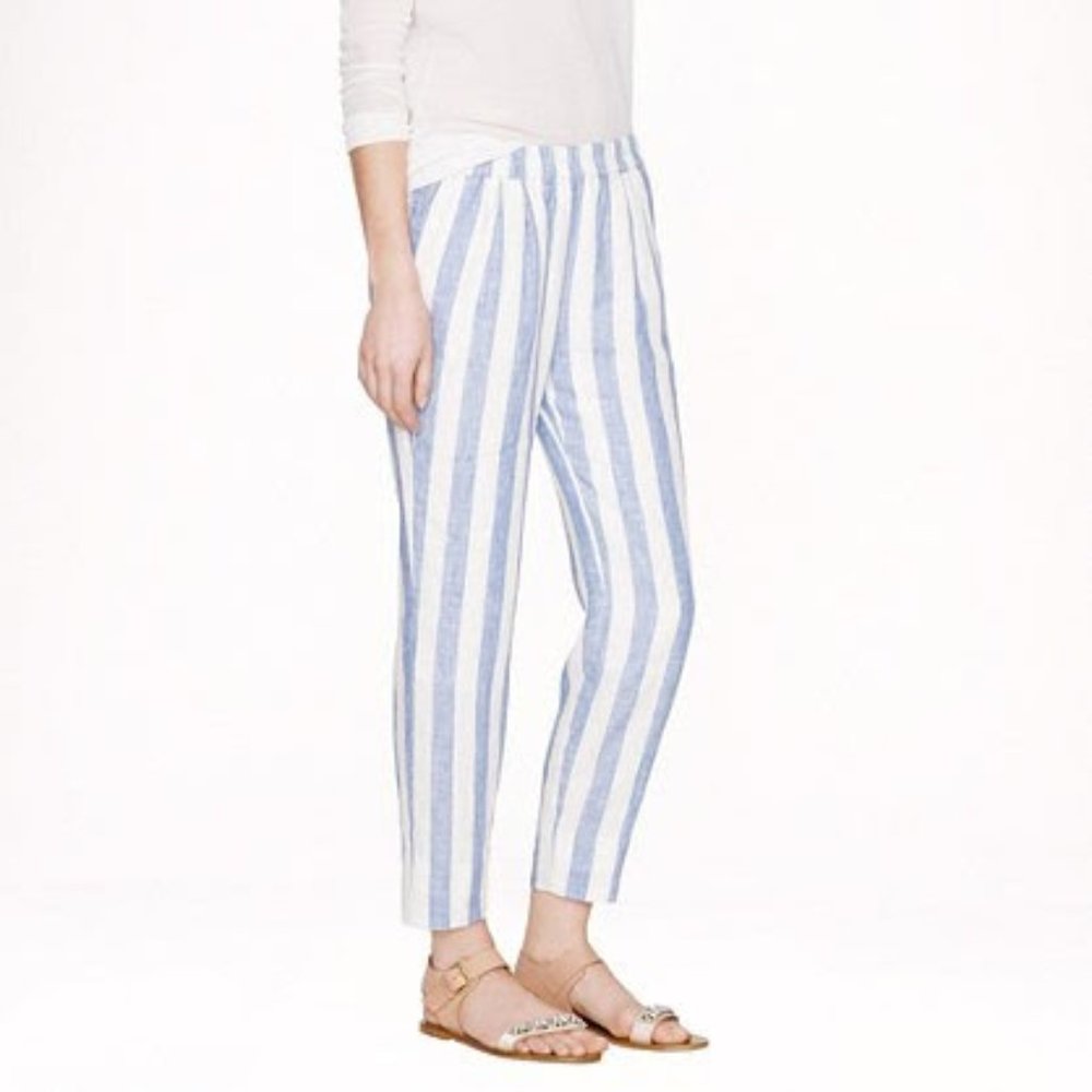 J. Crew Blue and White Striped Linen Pants